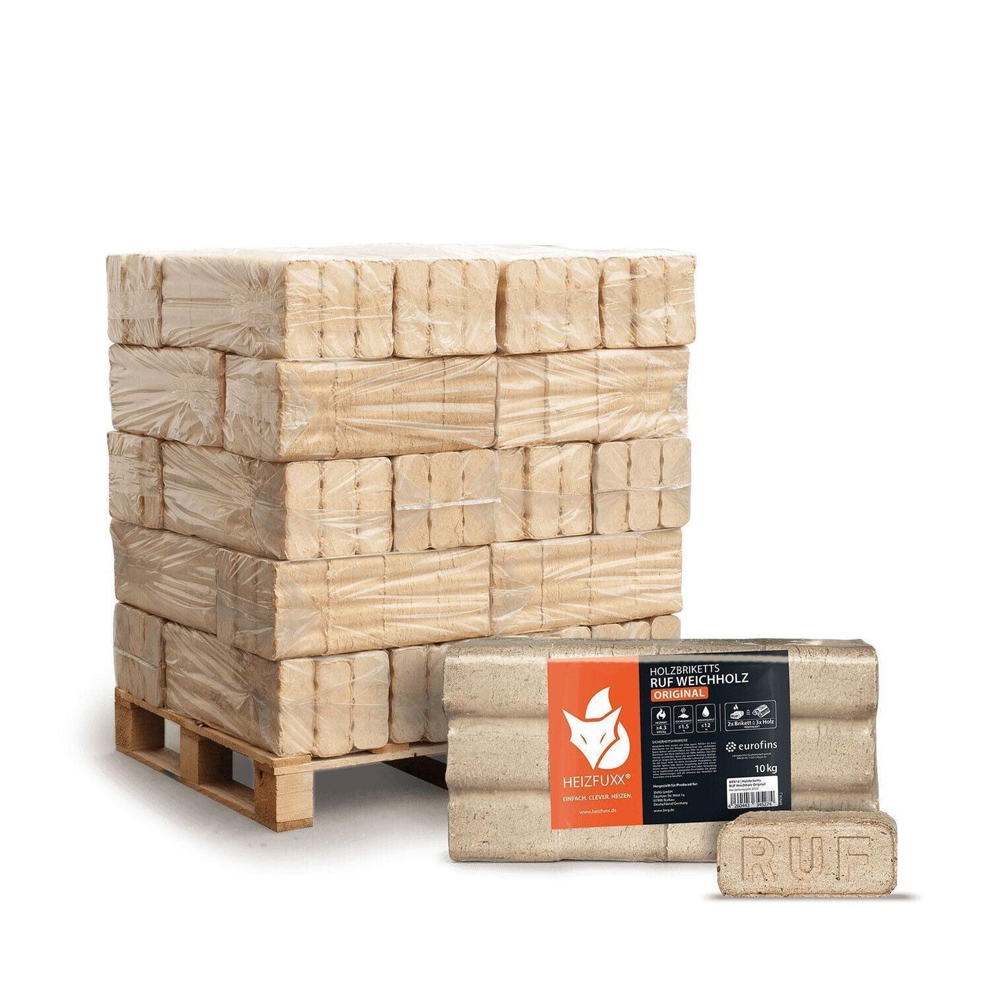 Heizfuxx Holzbriketts Weichholz Ruf Original 10kg x 30 300kg Palette - Brennholz-Scheiffele.de - Ihre Anlaufstelle für hochwertiges Brennholz!