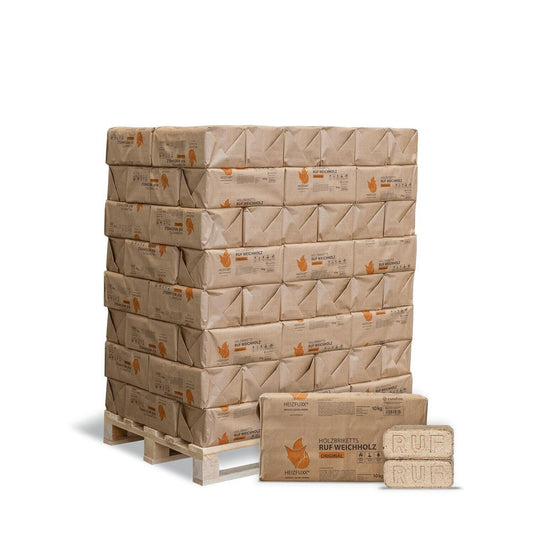 Heizfuxx Holzbriketts Ruf Weichholz Original Papiertüte 10kg x 96 960kg Palette - Brennholz-Scheiffele.de - Ihre Anlaufstelle für hochwertiges Brennholz!