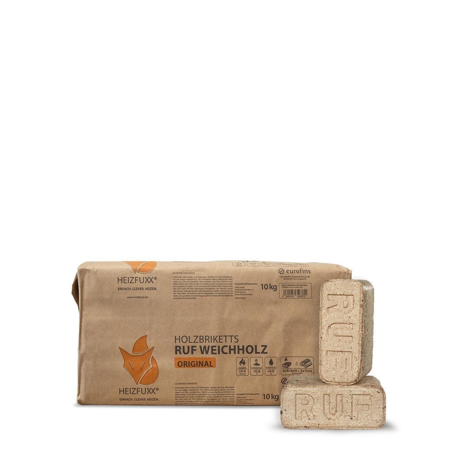 Heizfuxx Holzbriketts Ruf Weichholz Original Papiertüte 10kg x 96 960kg Palette - Brennholz-Scheiffele.de - Ihre Anlaufstelle für hochwertiges Brennholz!