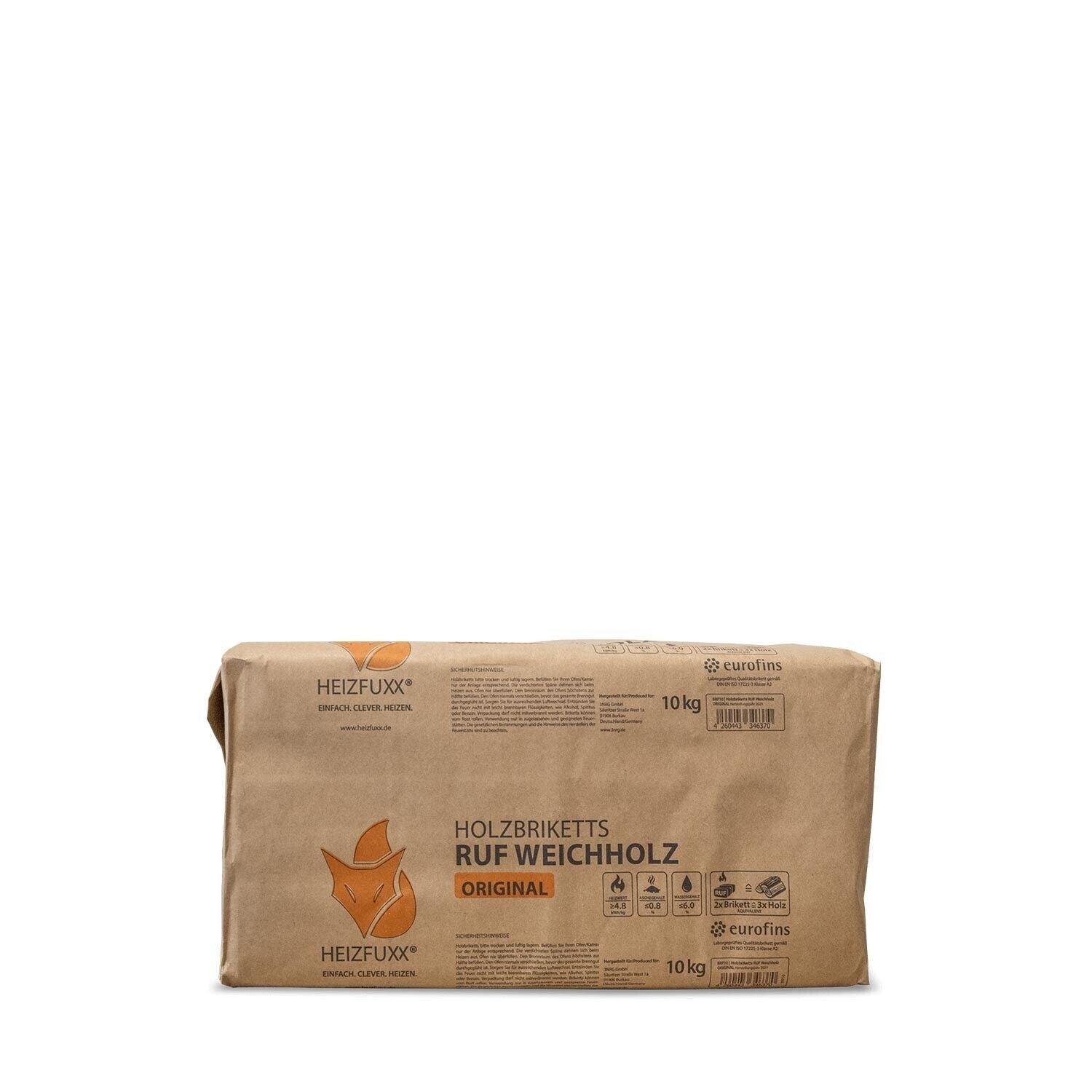 Heizfuxx Holzbriketts Ruf Weichholz Original Papiertüte 10kg x 96 960kg Palette - Brennholz-Scheiffele.de - Ihre Anlaufstelle für hochwertiges Brennholz!