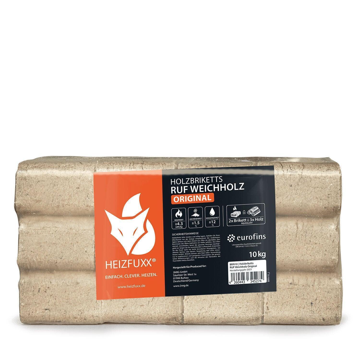 Heizfuxx Holzbriketts Weichholz Ruf Original 10kg x 30 300kg Palette - Brennholz-Scheiffele.de - Ihre Anlaufstelle für hochwertiges Brennholz!