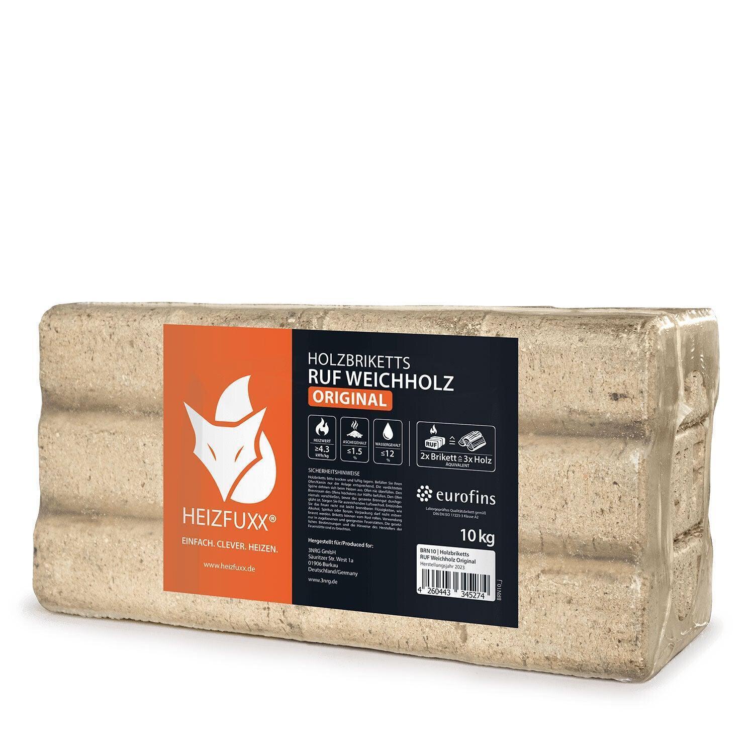 Heizfuxx Holzbriketts Weichholz Ruf Original 10kg x 30 300kg Palette - Brennholz-Scheiffele.de - Ihre Anlaufstelle für hochwertiges Brennholz!