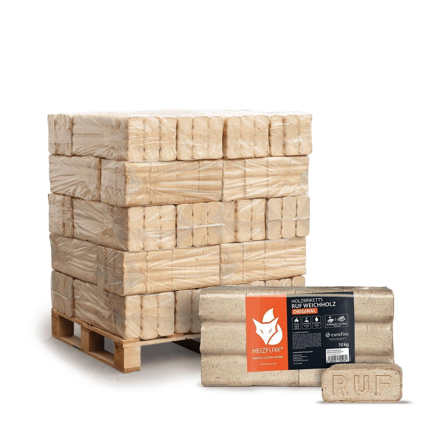 Heizfuxx Holzbriketts Weichholz Ruf Original 10kg x 30 300kg Palette - Brennholz-Scheiffele.de - Ihre Anlaufstelle für hochwertiges Brennholz!