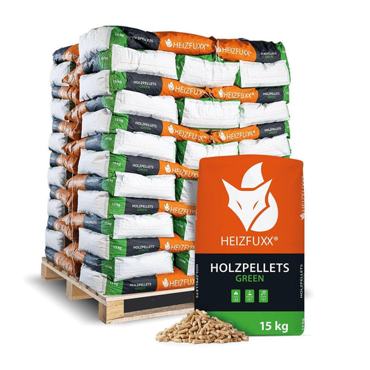 Heizfuxx Holzpellets Green 6mm 15kg x 65 Sack 975kg Palette - Brennstoffe-Neuber.shop