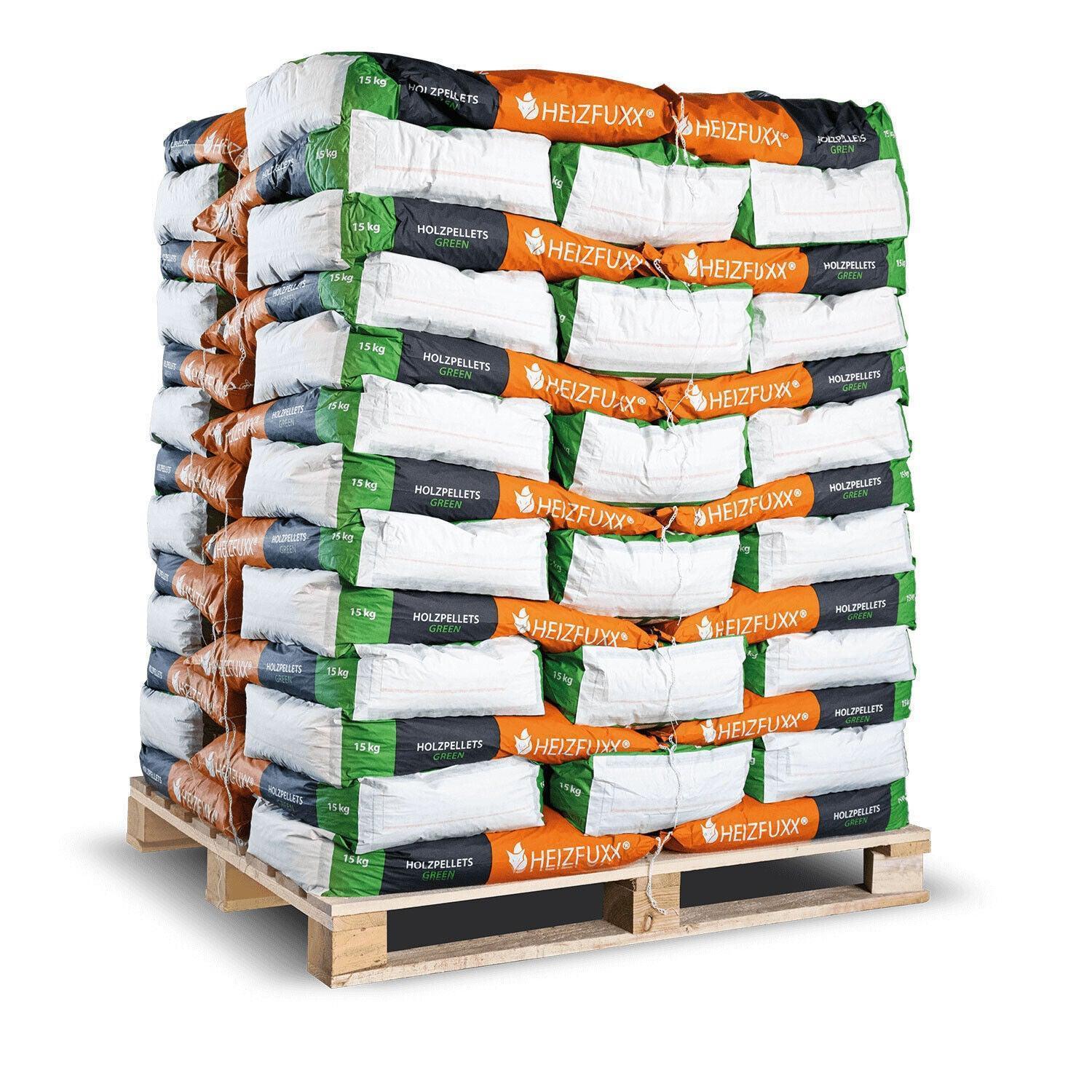 Heizfuxx Holzpellets Green 6mm 15kg x 65 Sack 975kg Palette - Brennstoffe-Neuber.shop