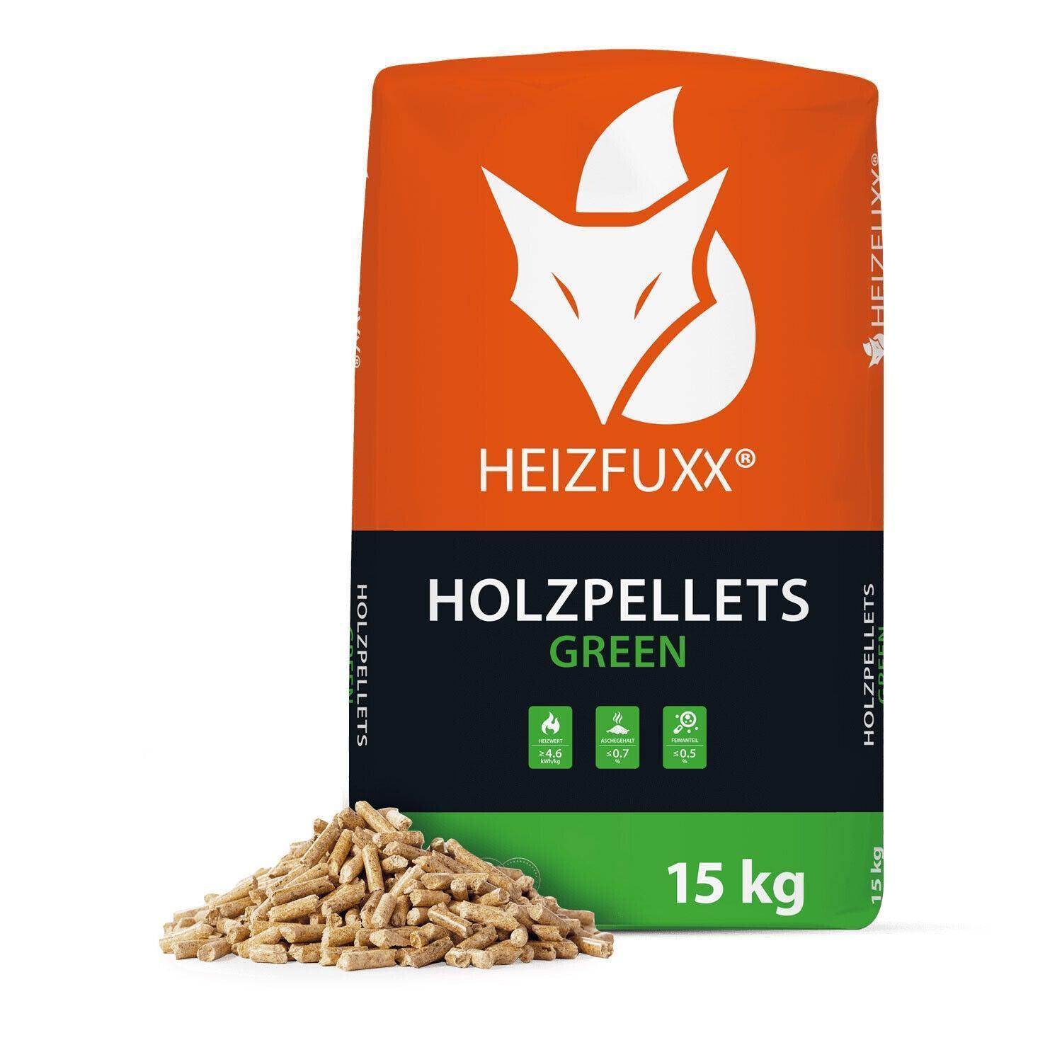 Heizfuxx Holzpellets Green 6mm 15kg x 65 Sack 975kg Palette - Brennstoffe-Neuber.shop