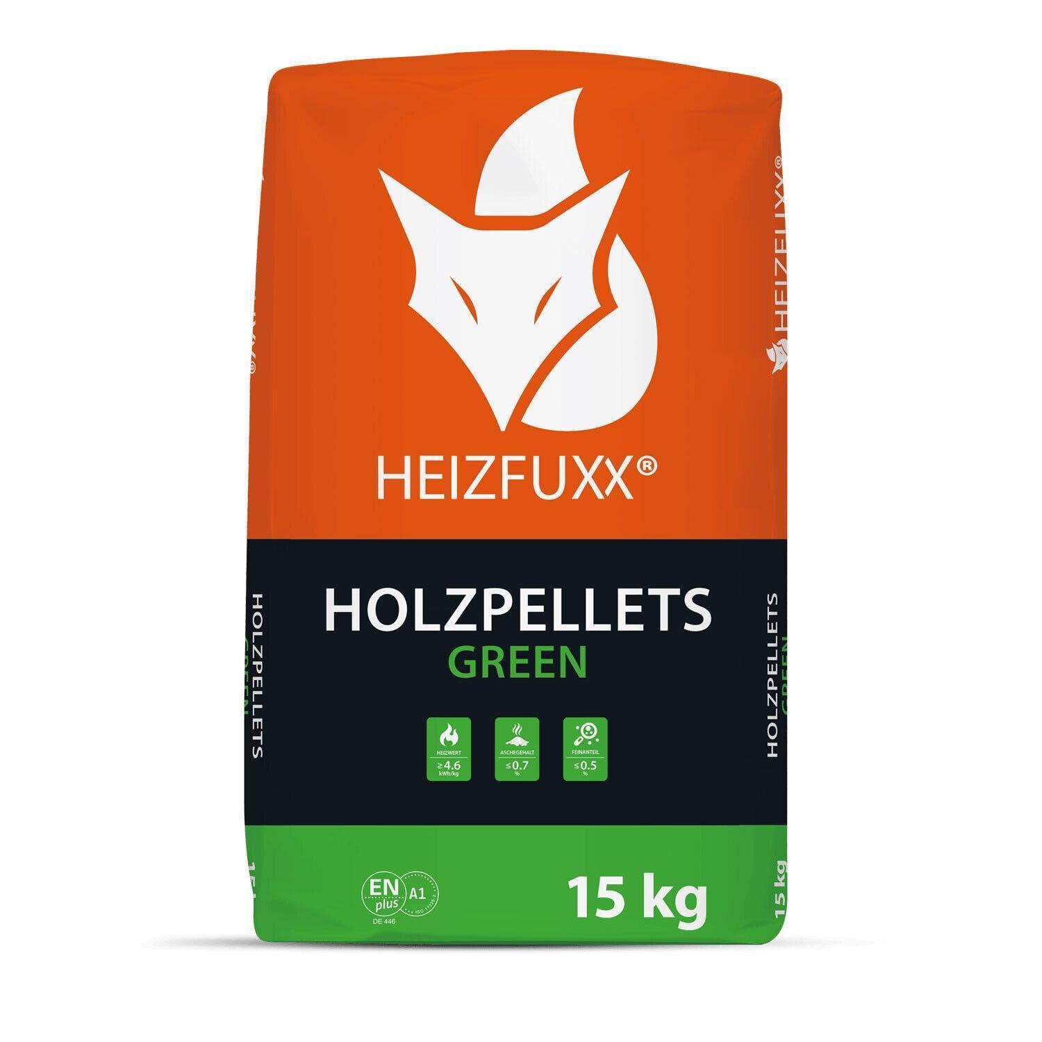 Heizfuxx Holzpellets Green 6mm 15kg x 65 Sack 975kg Palette - Brennstoffe-Neuber.shop